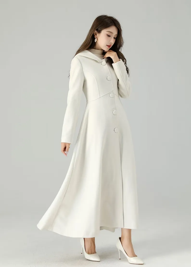 Hooded wool coat, Wedding Wool coat 4519