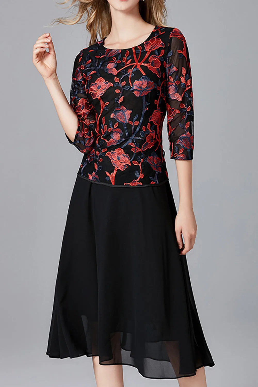 Ketty More Women Embroidered Chiffon Round Neck Beautiful Dress-KMWDC66809