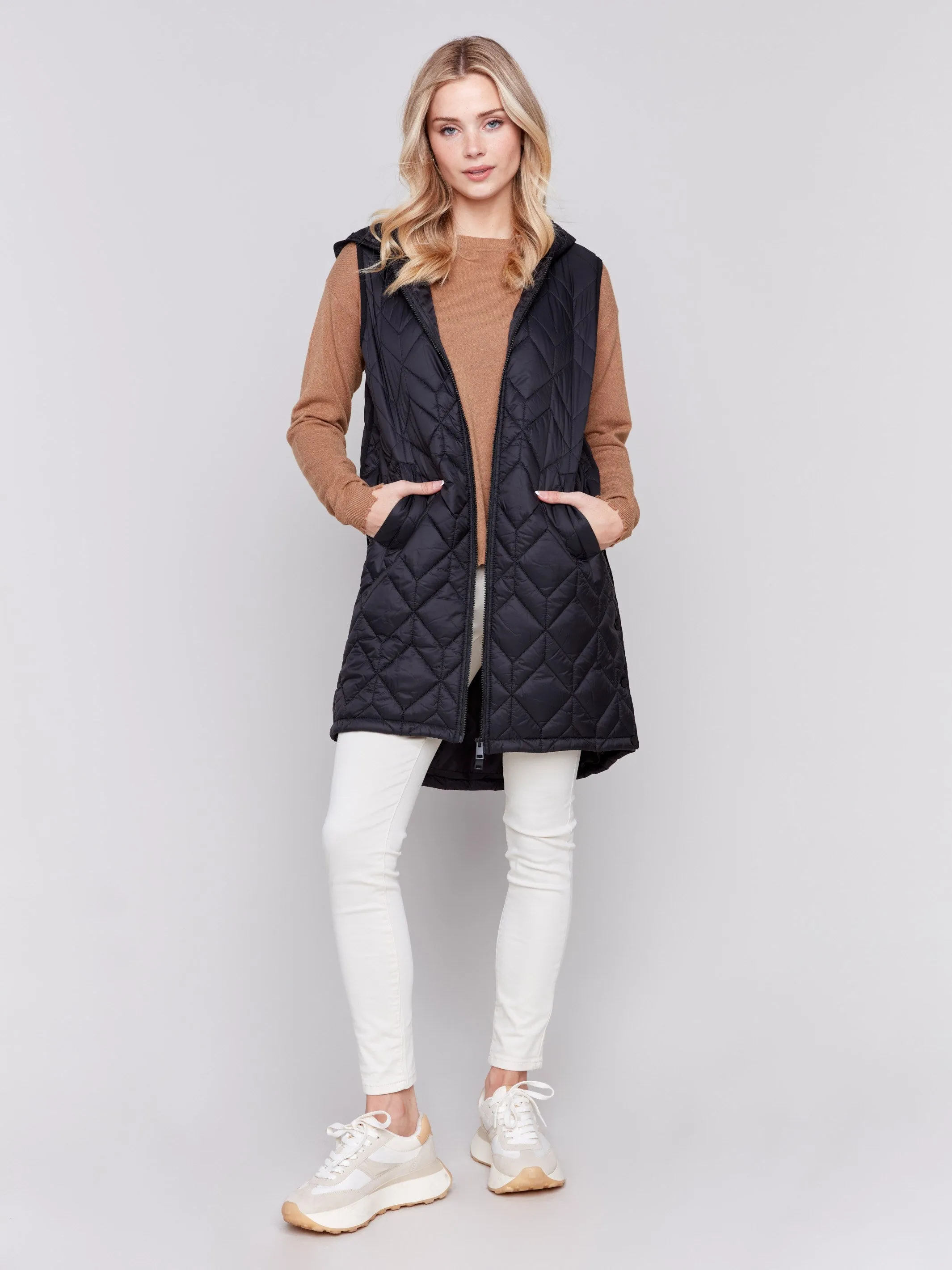 Long Quilted Puffer Vest With Hood - Black