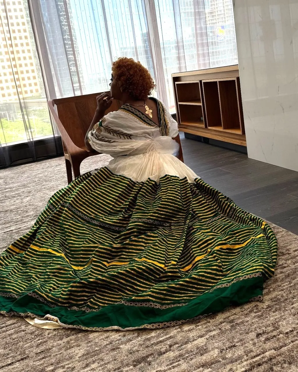 Majestic Green Wide Hemline Habesha Dress: Sophisticated Handcrafted Traditional Ethiopian Dress Beautiful Habesha Kemis