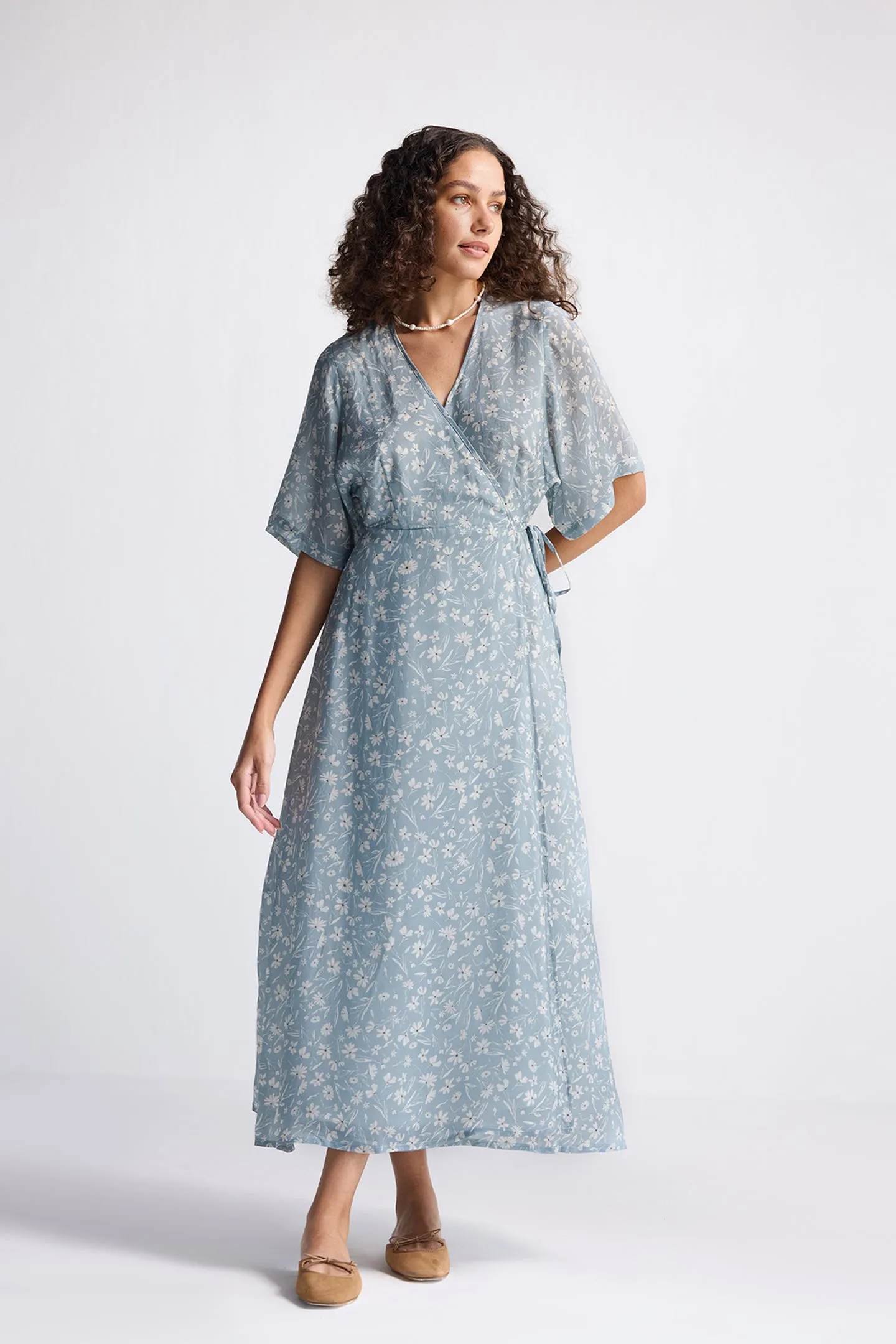 Maxi Wrap Dress in Light Blue Florals