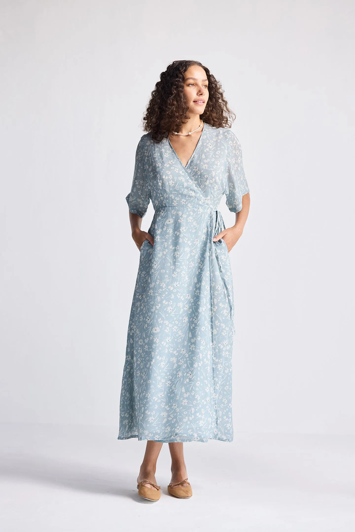 Maxi Wrap Dress in Light Blue Florals