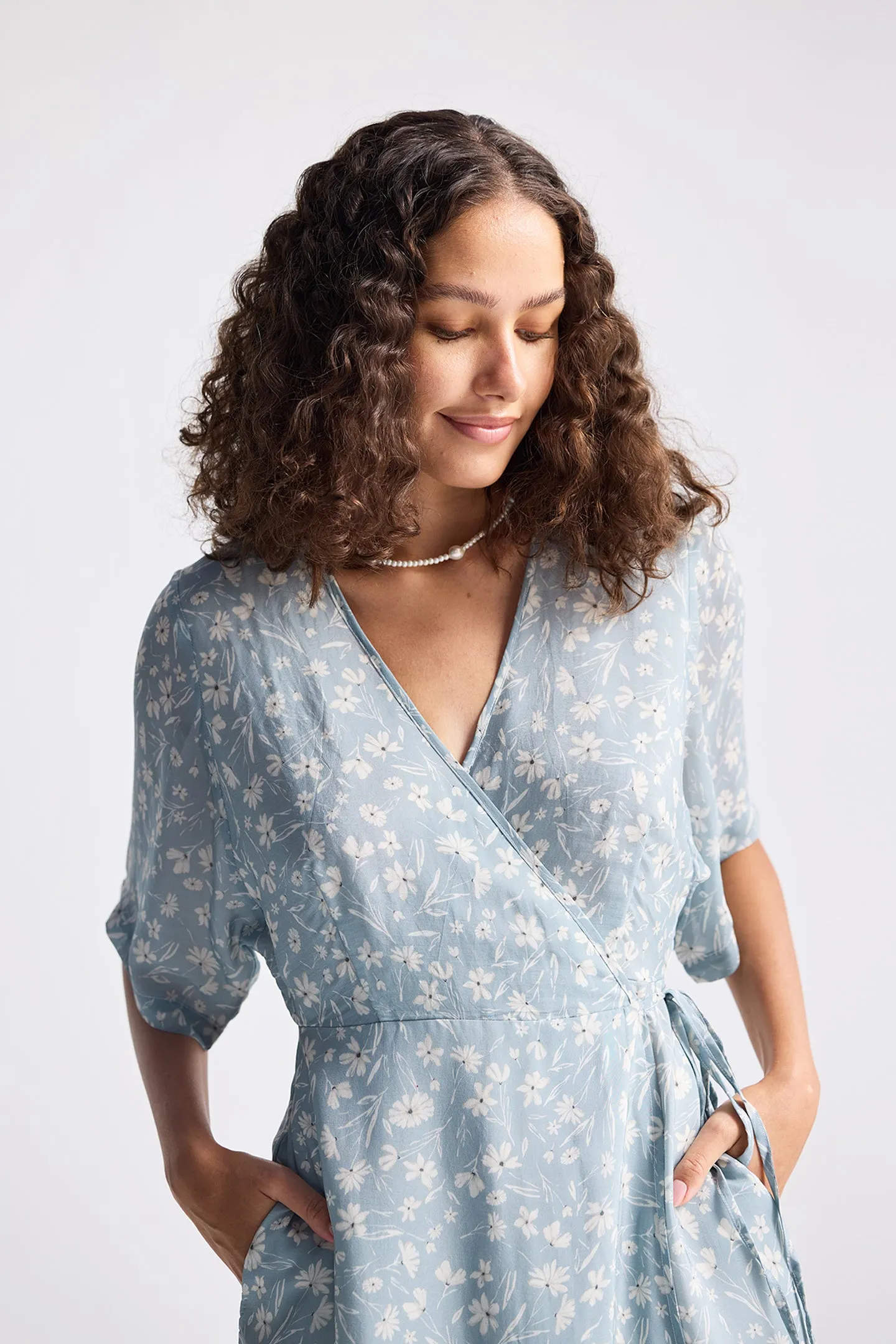 Maxi Wrap Dress in Light Blue Florals