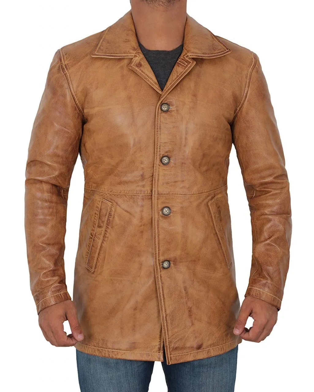 Mens Distressed Camel 3   4 Length Leather Coat