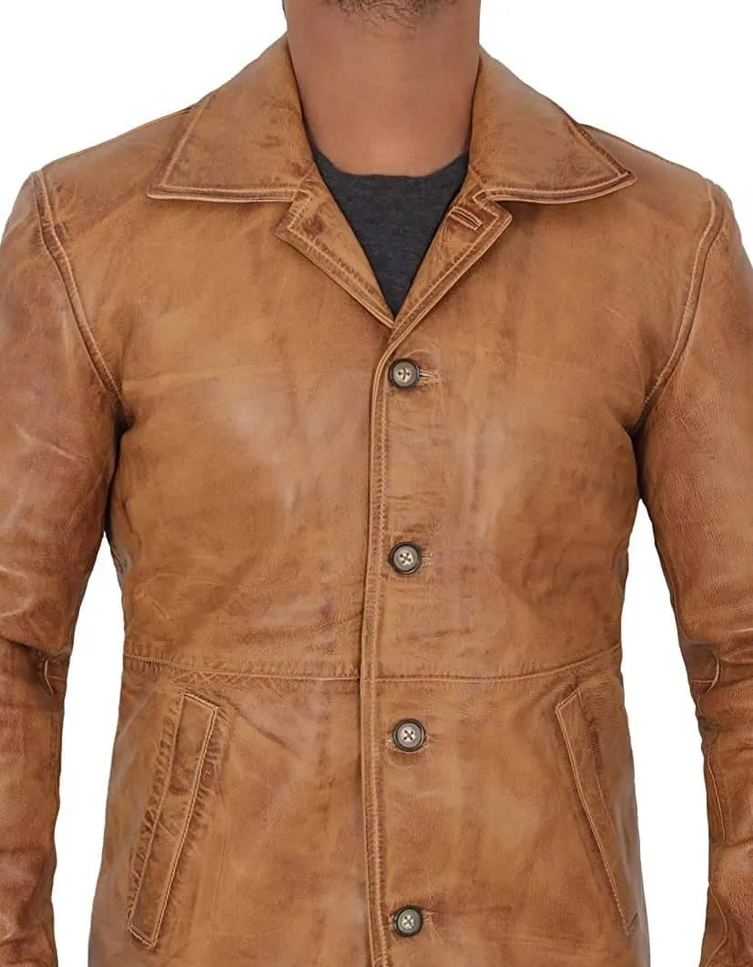 Mens Distressed Camel 3   4 Length Leather Coat