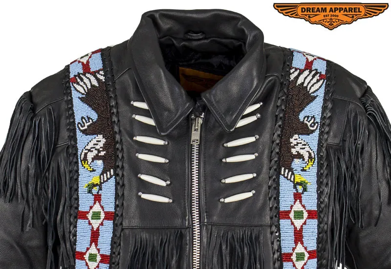 Men’s Western Style Leather Motorcycle Jacket with Beads & Bone