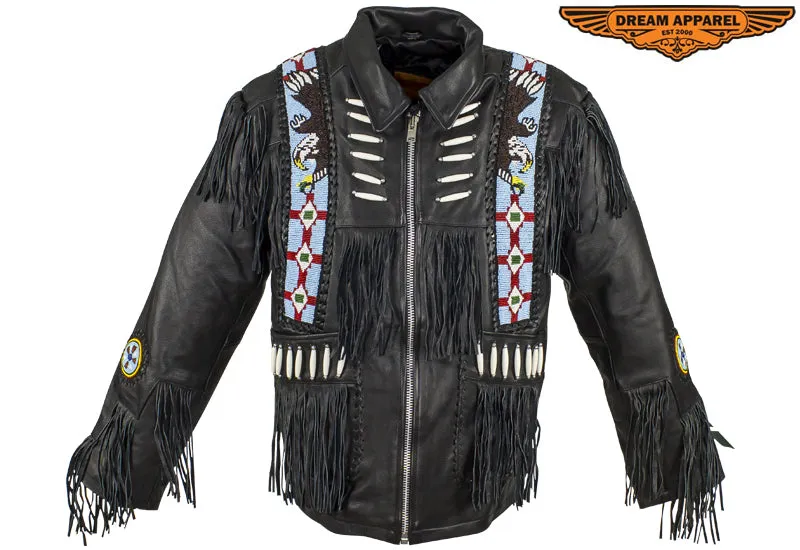 Men’s Western Style Leather Motorcycle Jacket with Beads & Bone