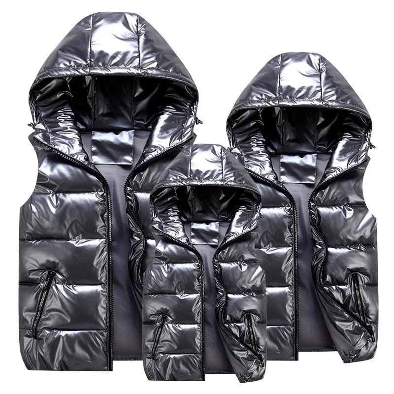 Metallic Silver Hooded Waist coat Vest Sleeveless Quilt Padded-many other colors available