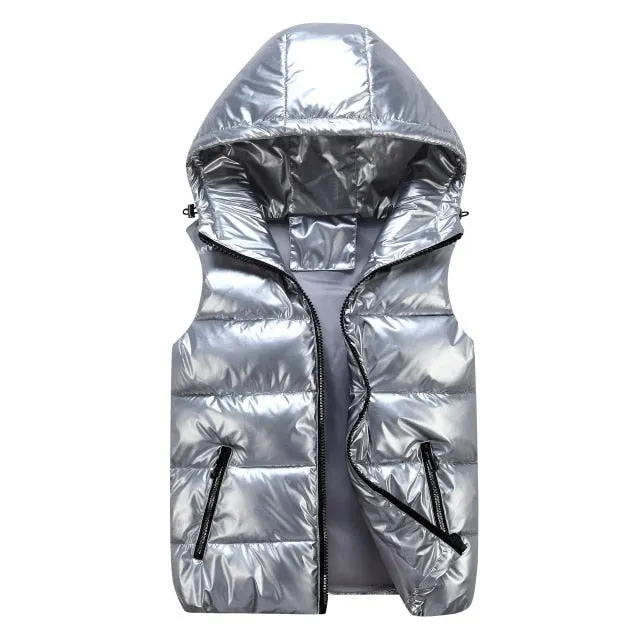 Metallic Silver Hooded Waist coat Vest Sleeveless Quilt Padded-many other colors available