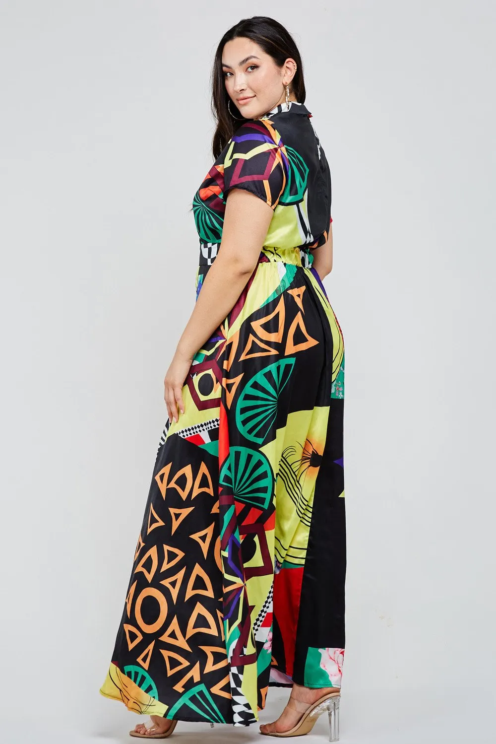 Multi-Color Abstract Print Boho Black Maxi Dress