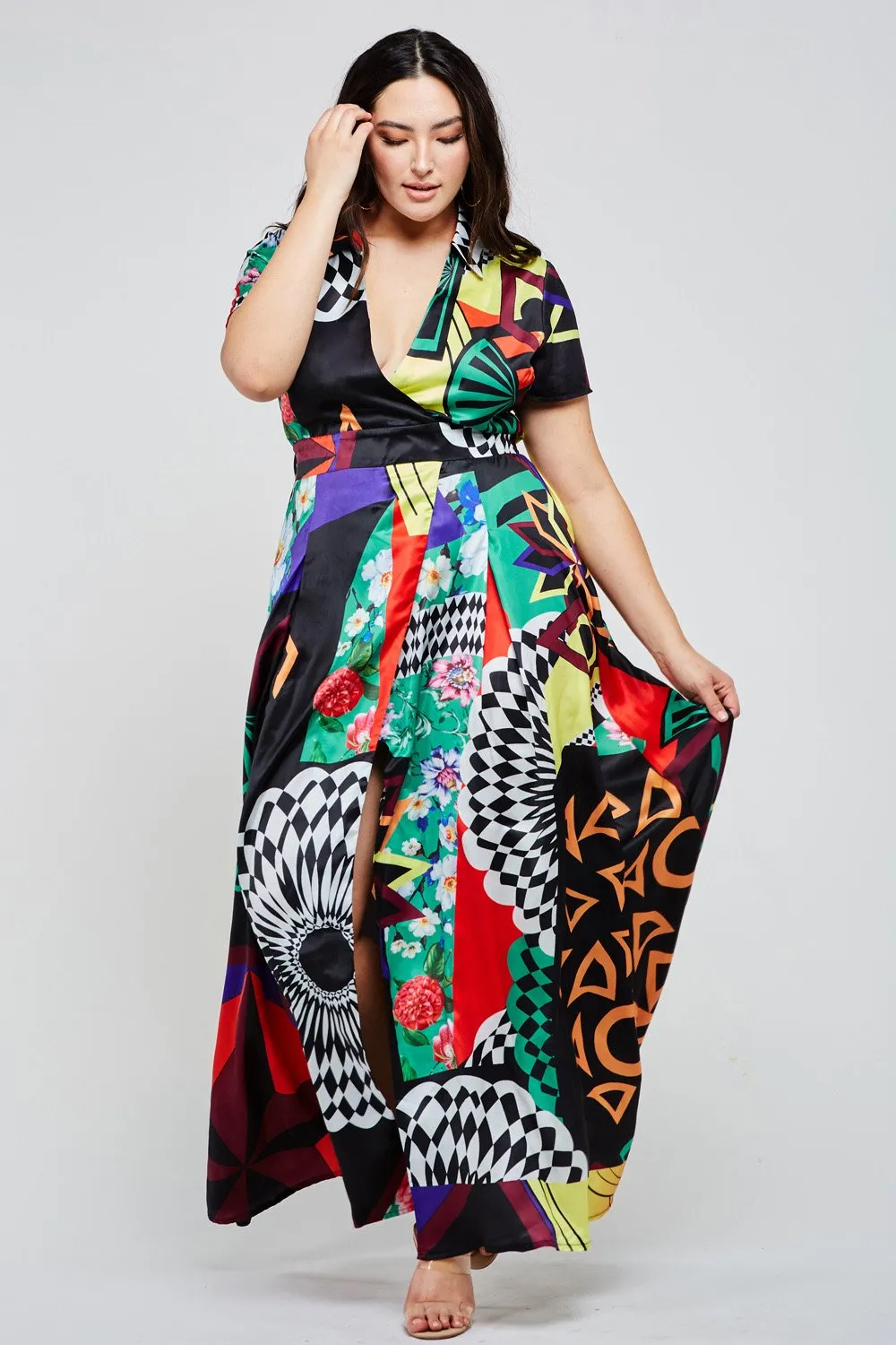 Multi-Color Abstract Print Boho Black Maxi Dress