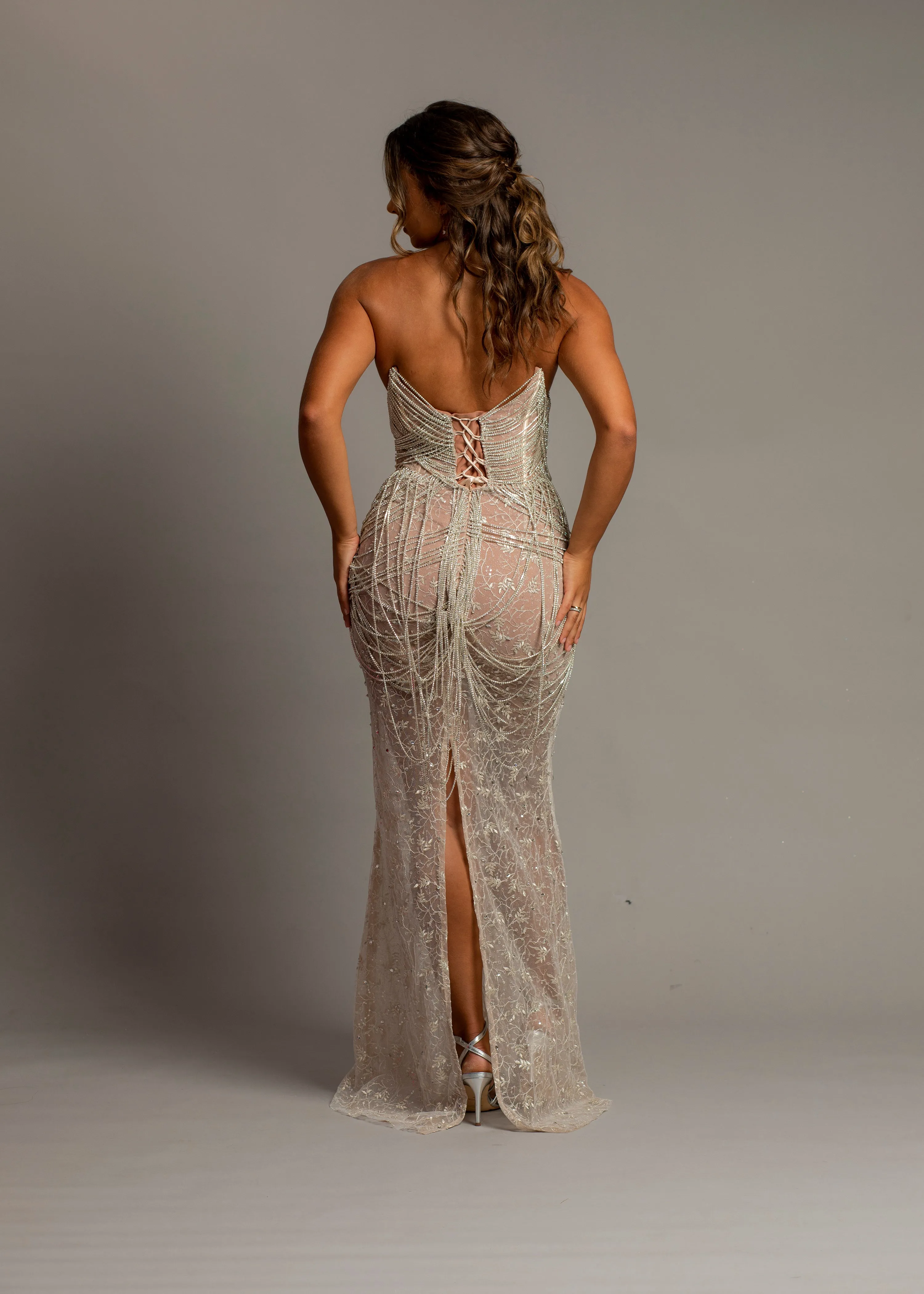 Nude sheer leg crystal chain dangling mermaid dress for hire