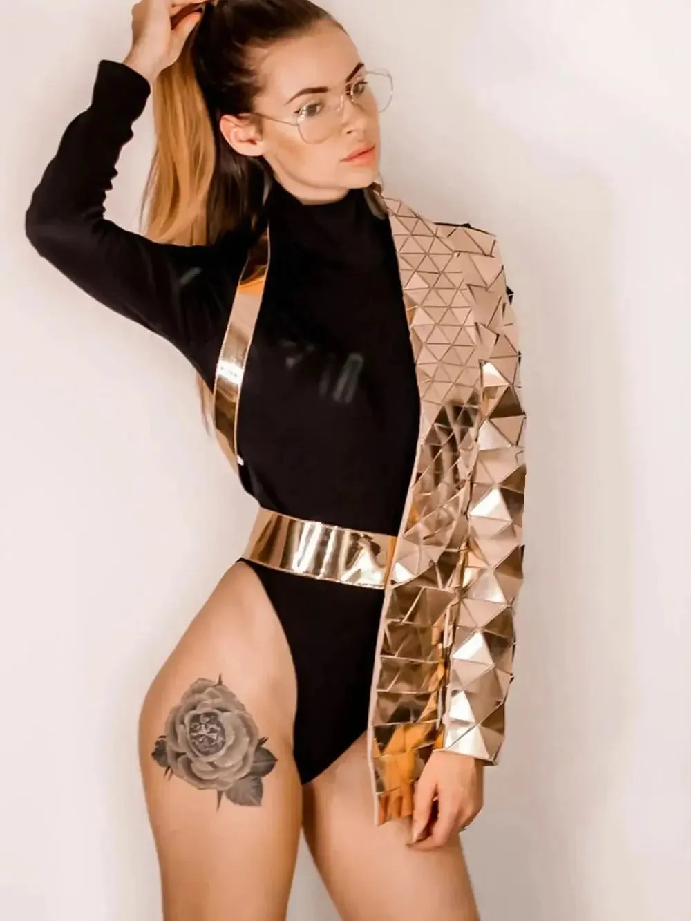 One Sleeve Geometric Sequin Jacket-Gold Bandage Half Coat Nightclub Evening Jacket Outerwear Spring Asymmetric Fashion Top