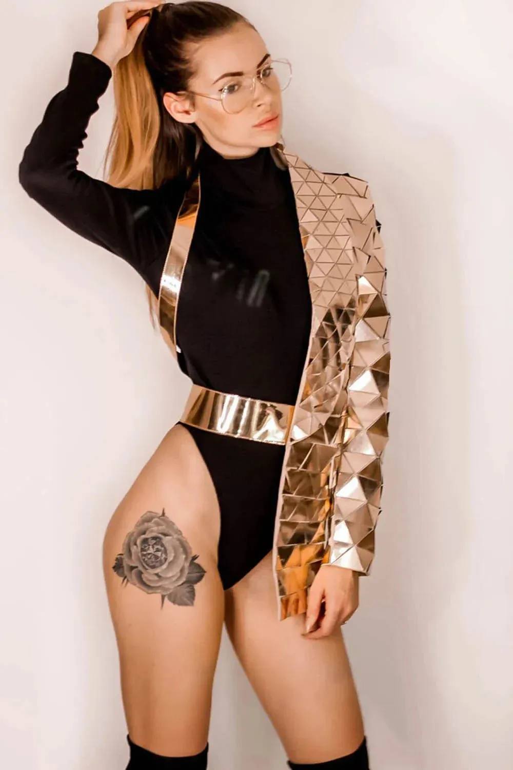 One Sleeve Geometric Sequin Jacket-Gold Bandage Half Coat Nightclub Evening Jacket Outerwear Spring Asymmetric Fashion Top