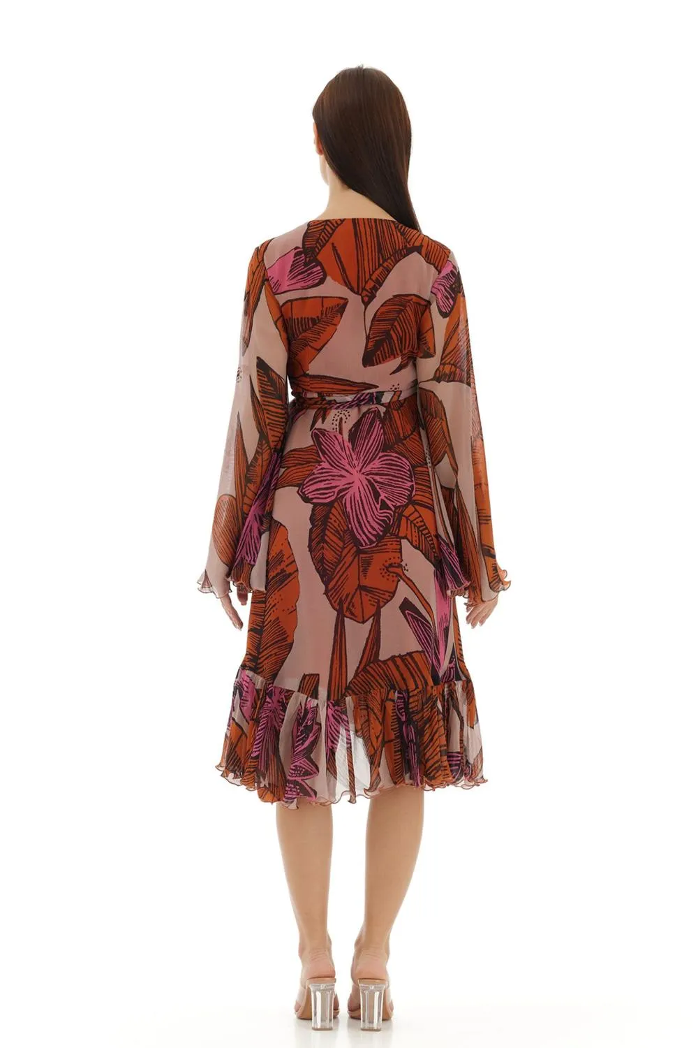 Orange & Beige Floral Wrap Dress