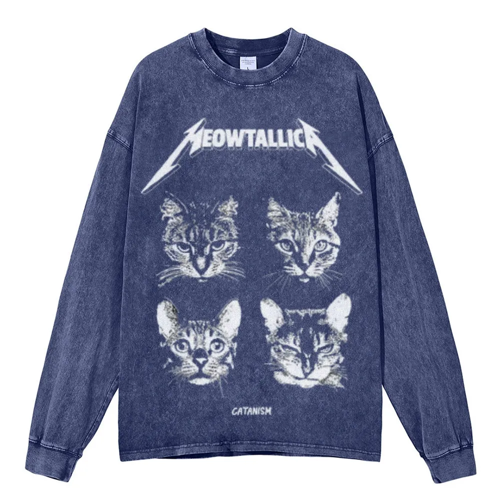 Oversized Vintage Washed Cat Graphic Sweatshirt