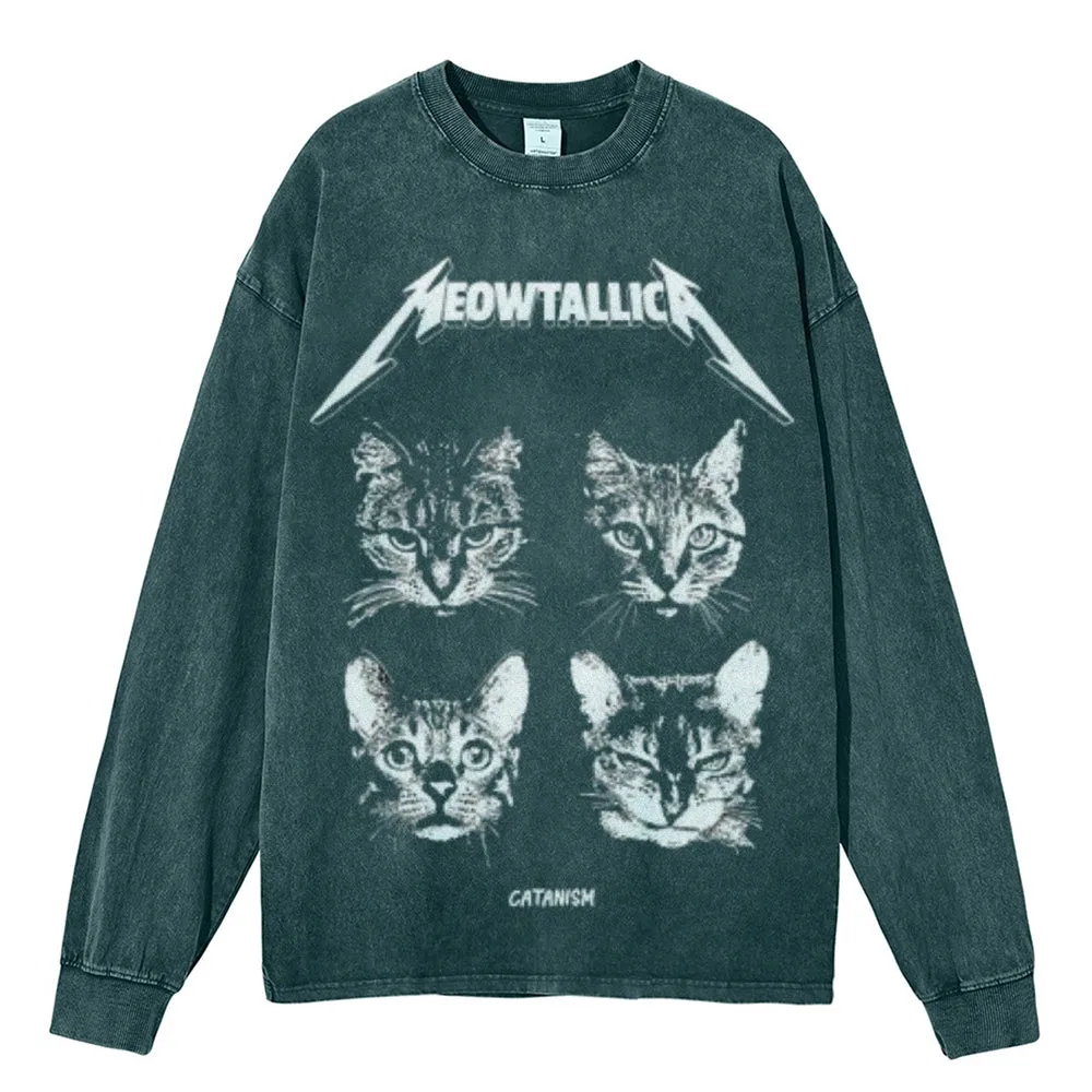 Oversized Vintage Washed Cat Graphic Sweatshirt