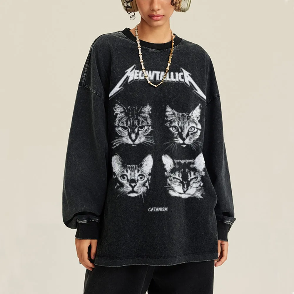 Oversized Vintage Washed Cat Graphic Sweatshirt