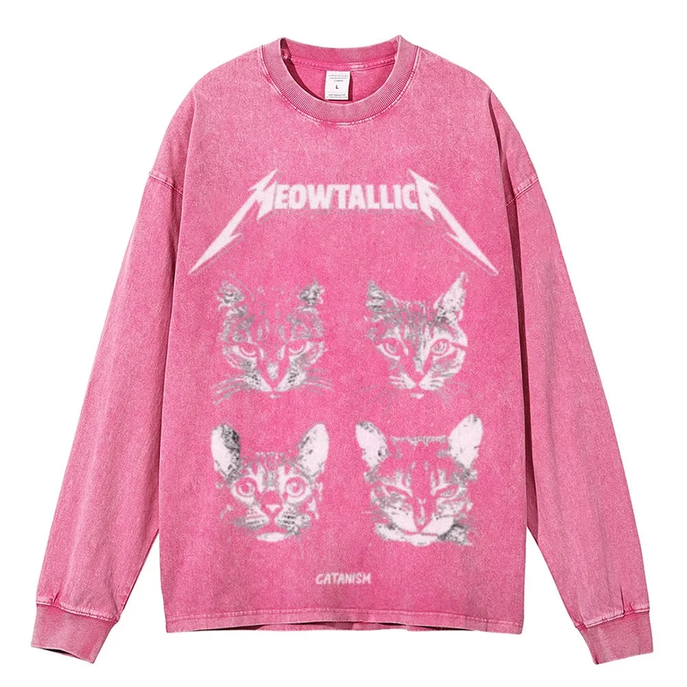 Oversized Vintage Washed Cat Graphic Sweatshirt