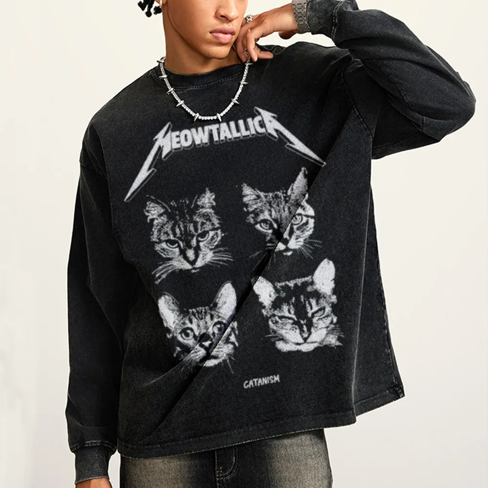 Oversized Vintage Washed Cat Graphic Sweatshirt