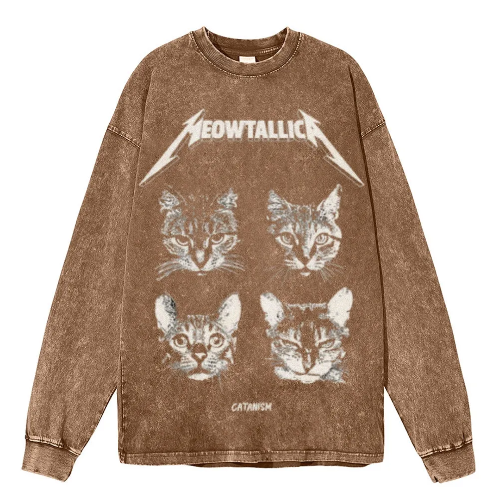 Oversized Vintage Washed Cat Graphic Sweatshirt