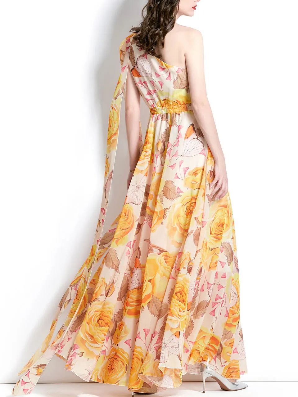 Pink One Shoulder Rose Floral Print Boho Dress Maxi Dress