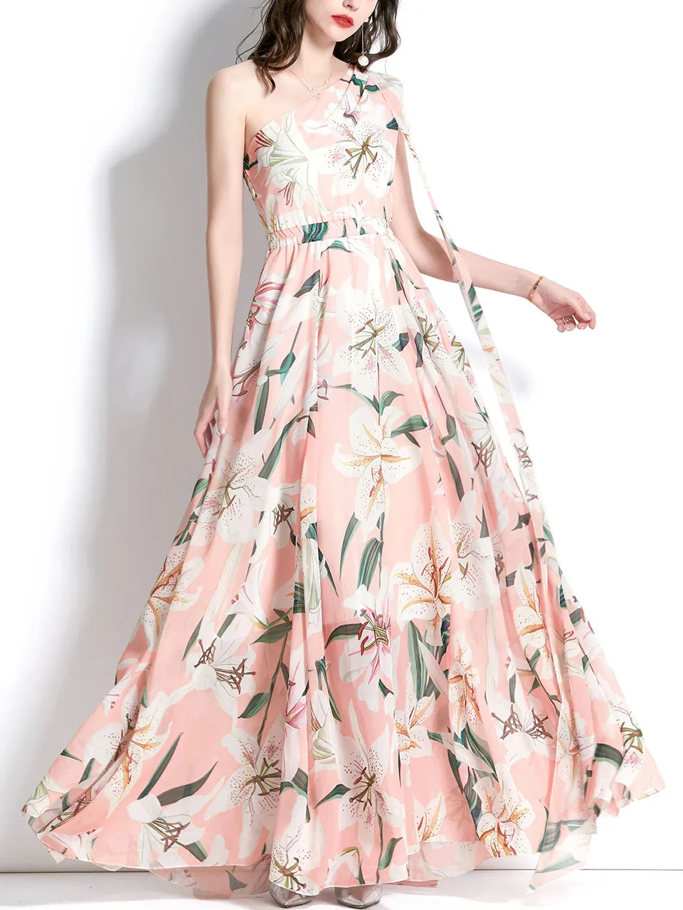 Pink One Shoulder Rose Floral Print Boho Dress Maxi Dress