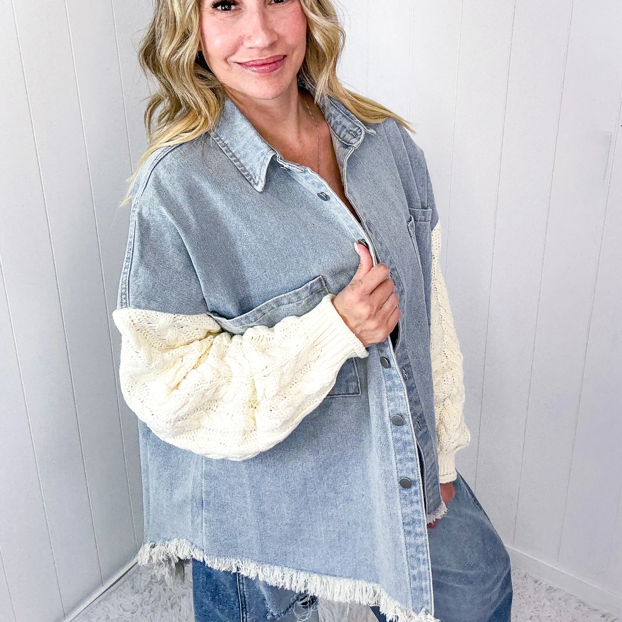 POL Crochet Couture Denim and Contrast Sleeve Button Up Jacket in 4 Options