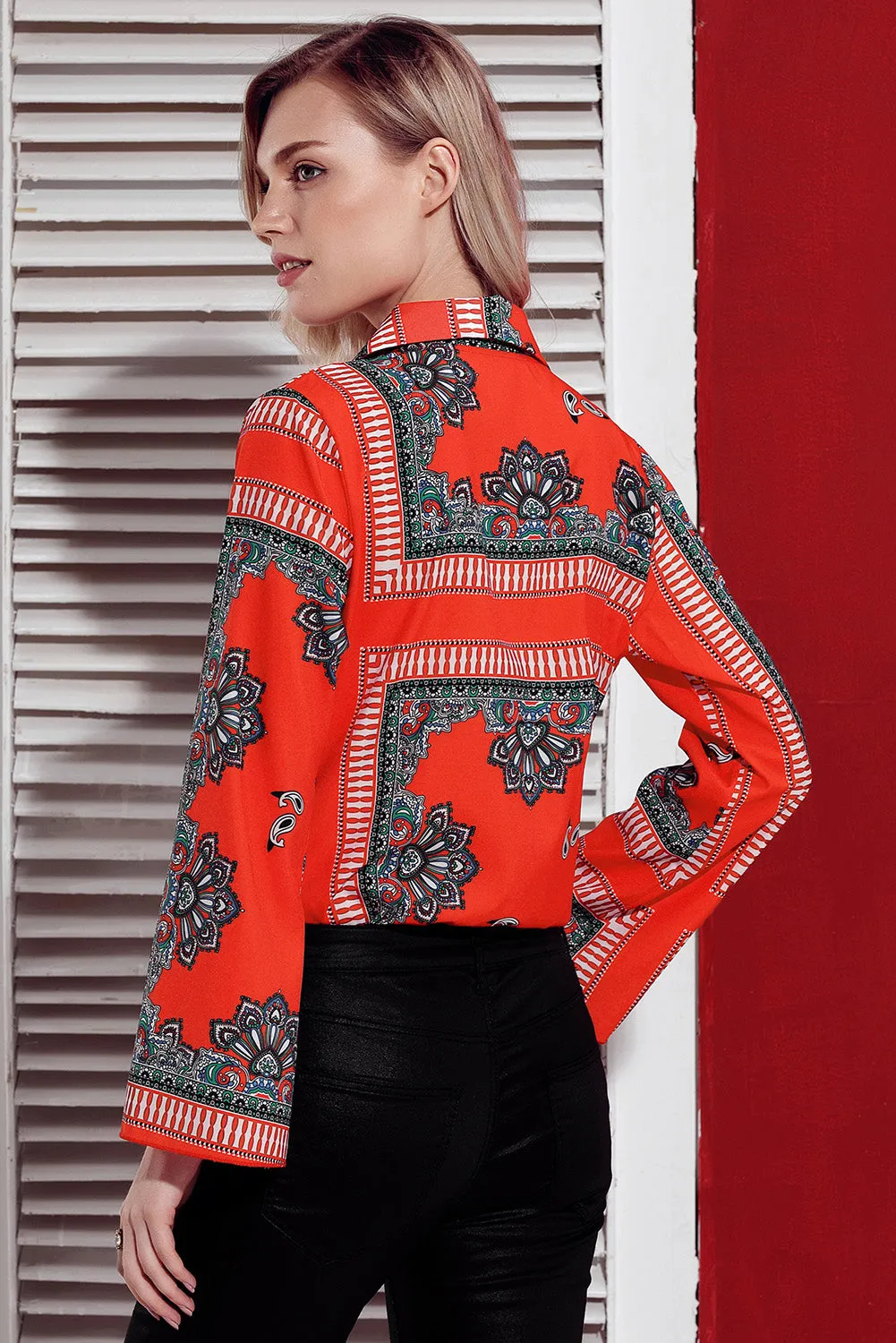 Red Printed Flare Long Sleeve Wrap Bodysuit