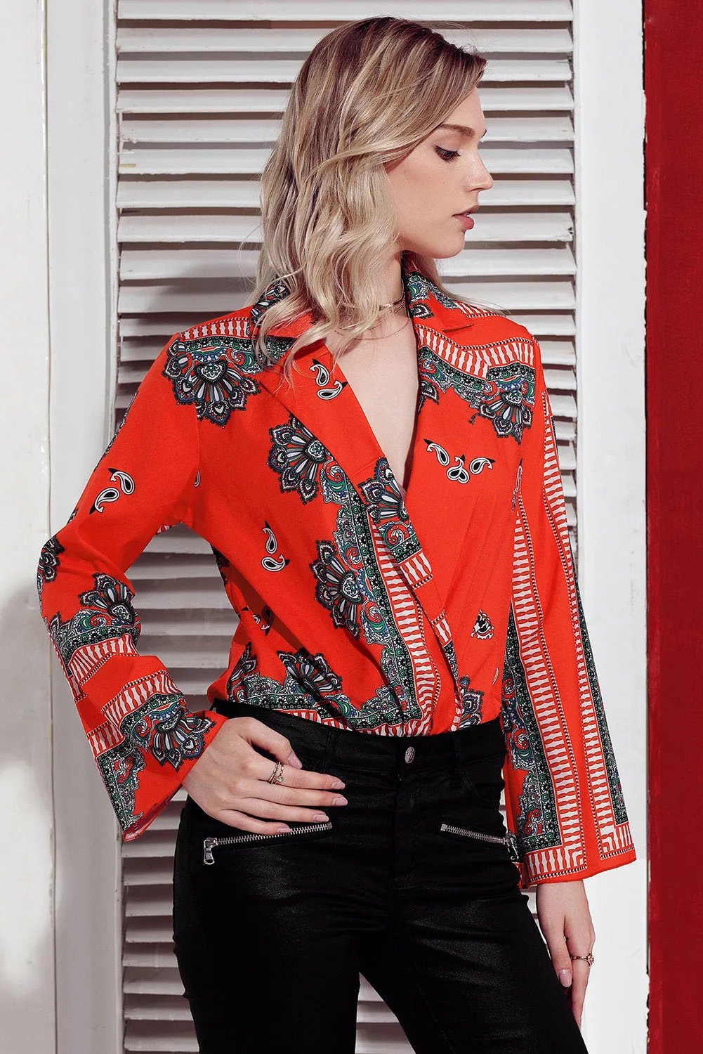 Red Printed Flare Long Sleeve Wrap Bodysuit