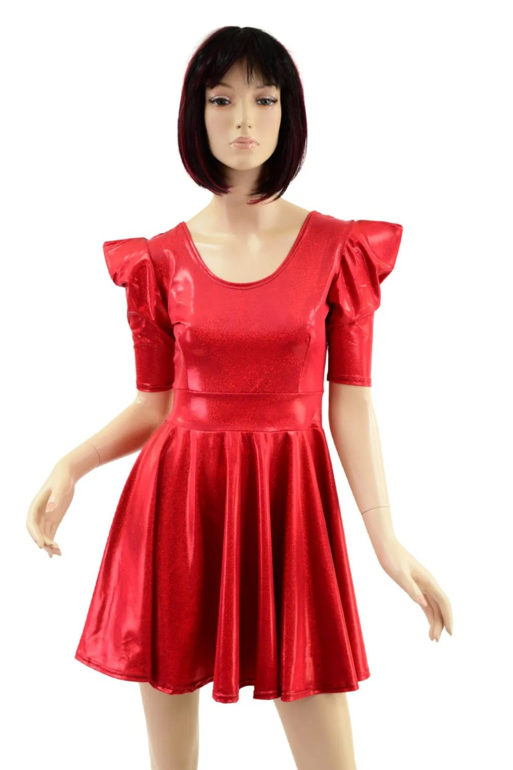 Red Sparkly Jewel Sharp Shoulder Half Sleeve Skater Dress