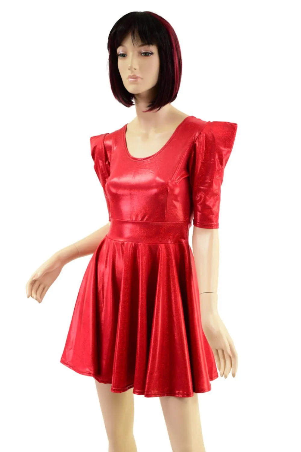 Red Sparkly Jewel Sharp Shoulder Half Sleeve Skater Dress