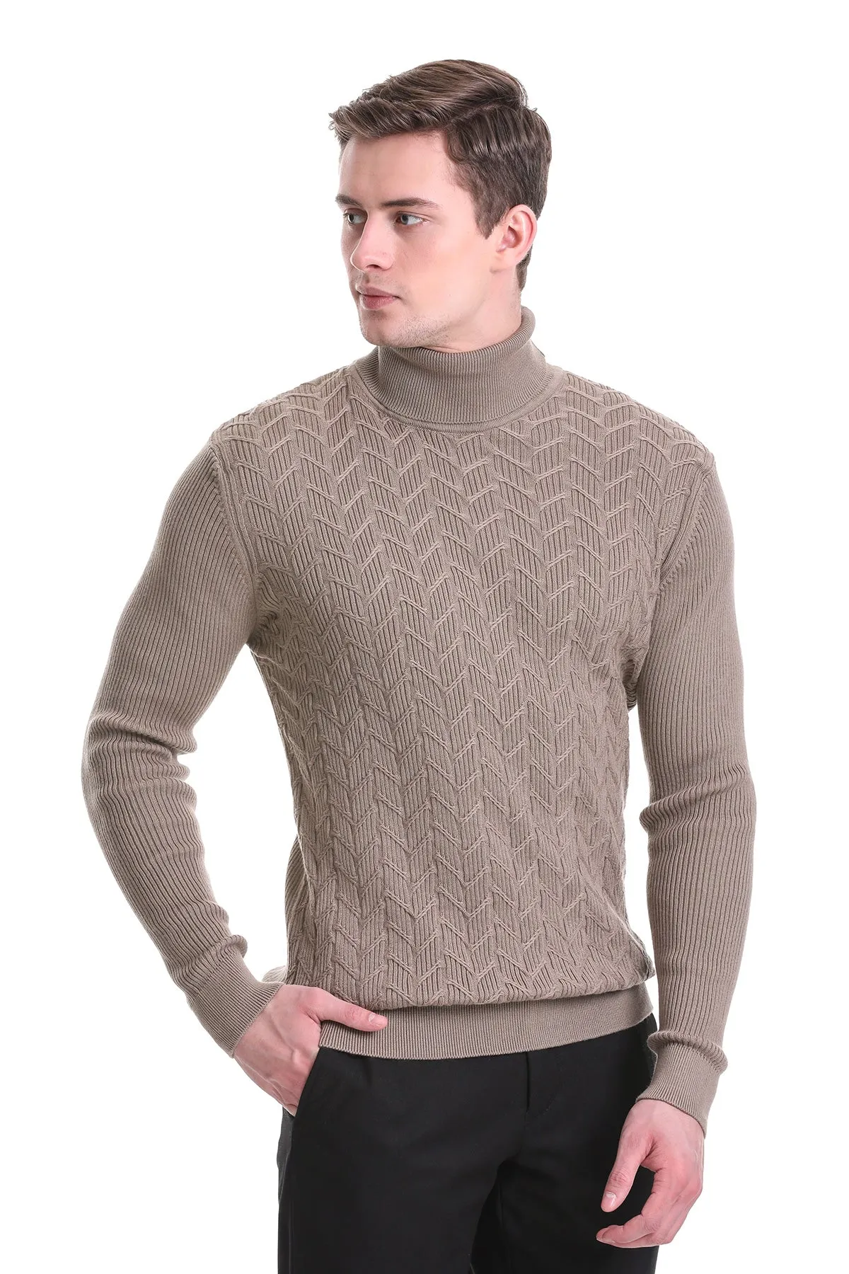 Regular Fit Grej Patterned Cotton Turtleneck Sweater