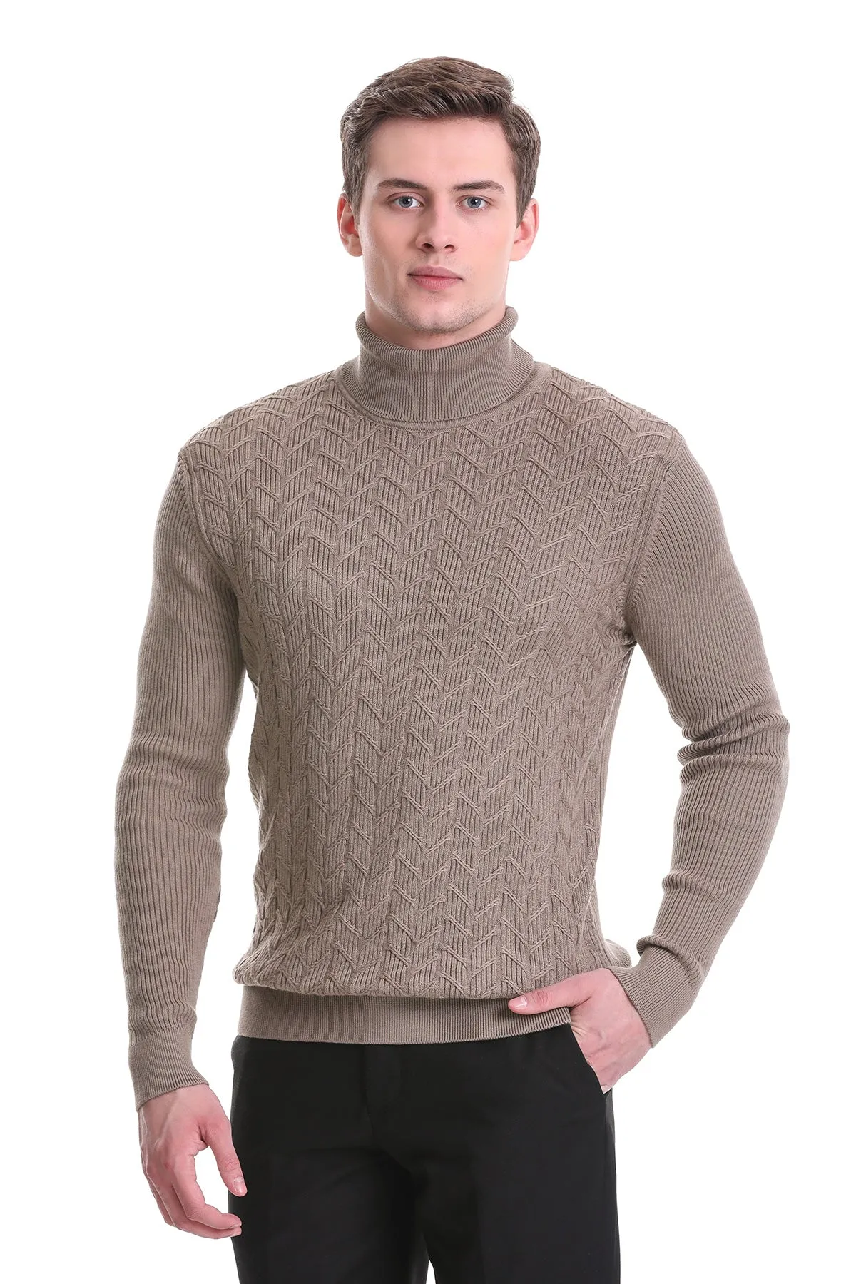 Regular Fit Grej Patterned Cotton Turtleneck Sweater