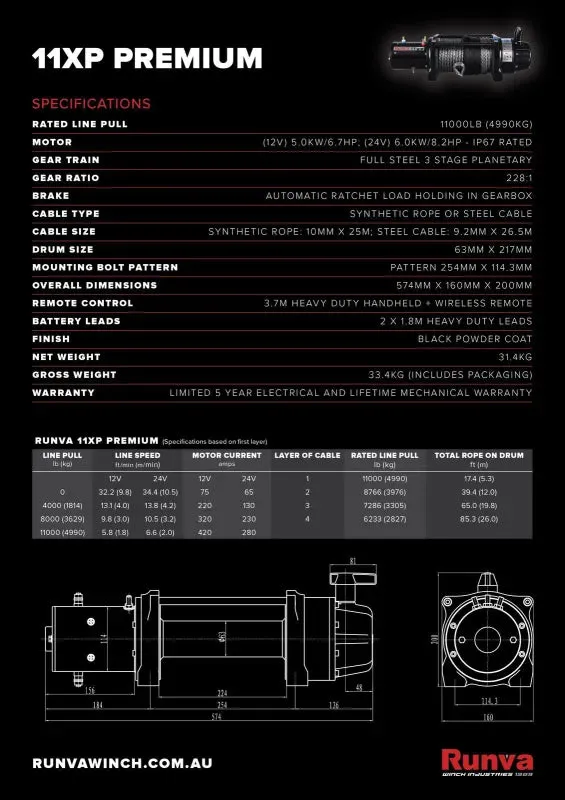 Runva 11XP Premium 12V Winch with Synthetic Rope