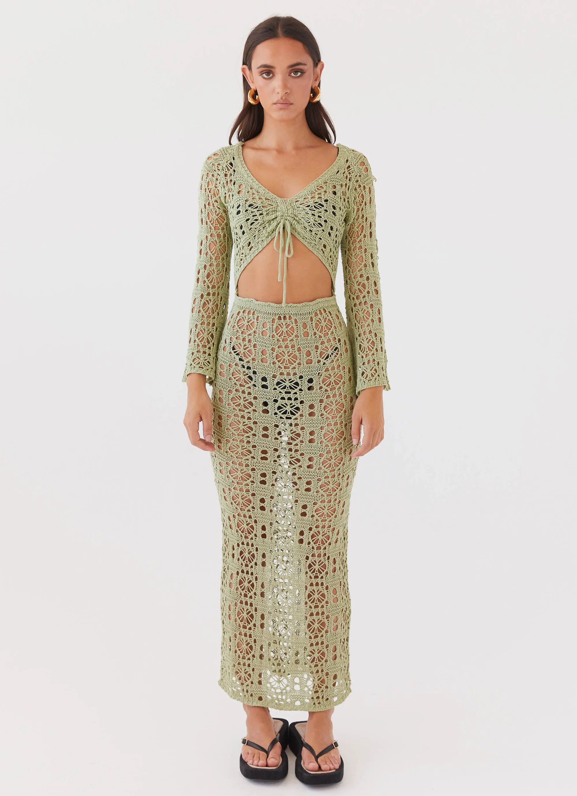 Seaside Soiree Crochet Maxi Dress - Light Olive