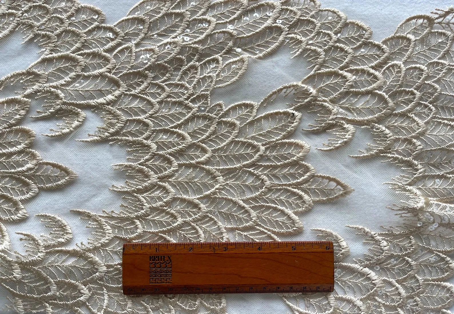 Sequined Beige Parchment Leaves Rayon Blend Guipure Lace (Made in Korea)