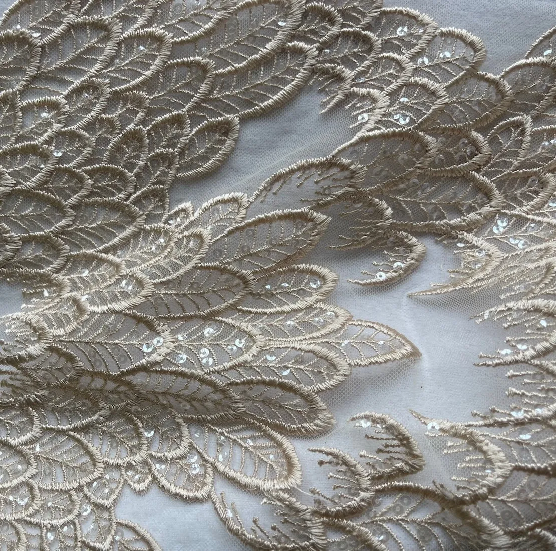 Sequined Beige Parchment Leaves Rayon Blend Guipure Lace (Made in Korea)