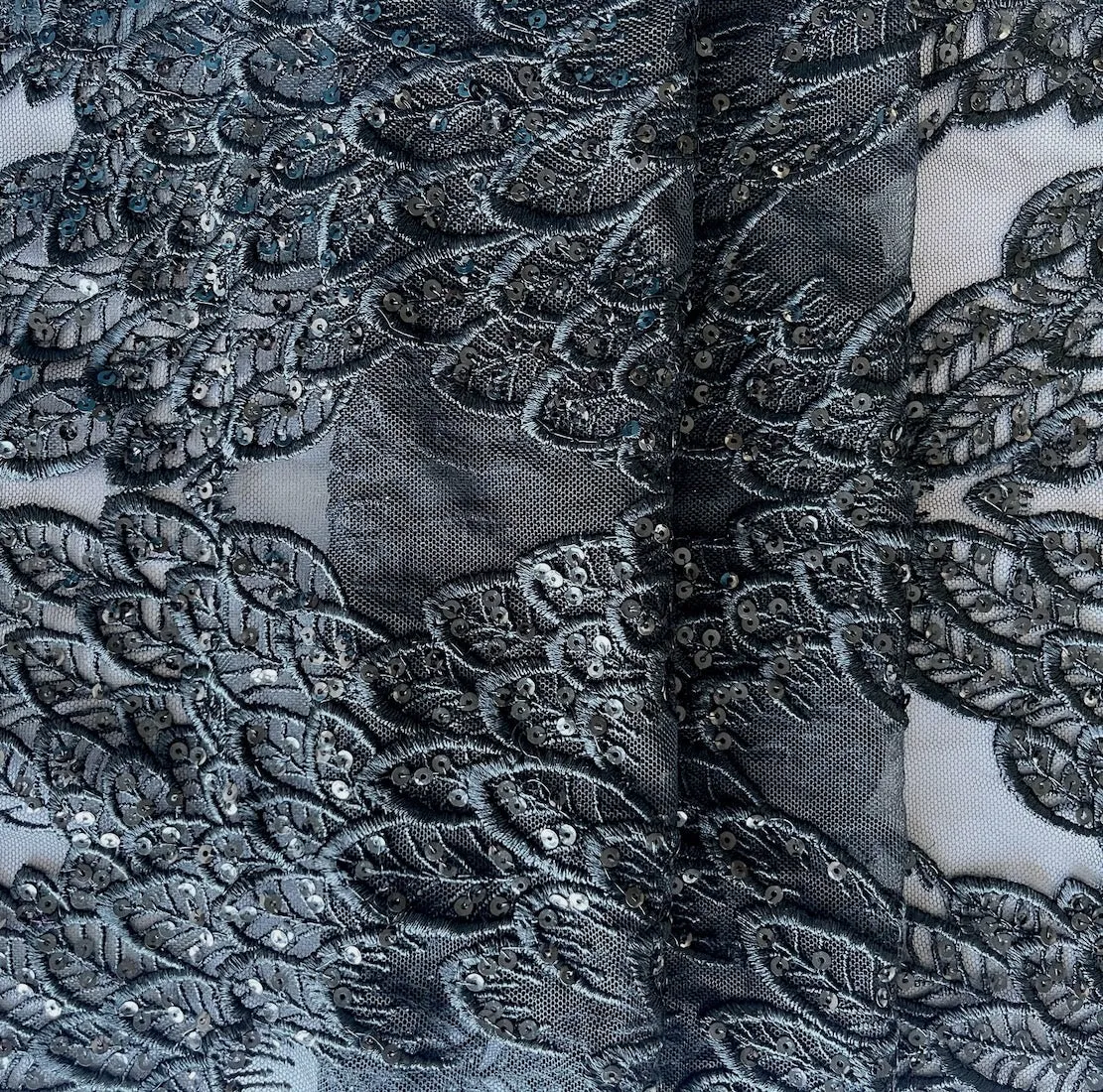 Sequined Obsidian Leaves Rayon Blend Guipure Lace (Made in Korea)