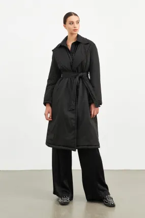 Setre Shiny And Belt Detailed Long Coat Black