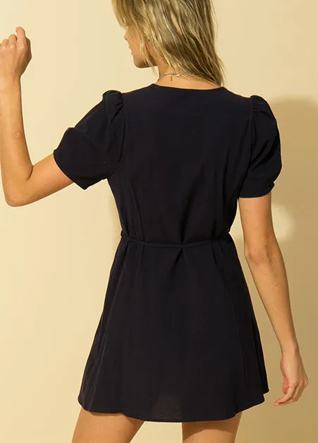 Side Button Navy Wrap Dress