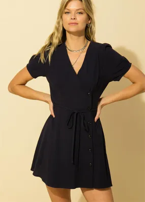 Side Button Navy Wrap Dress