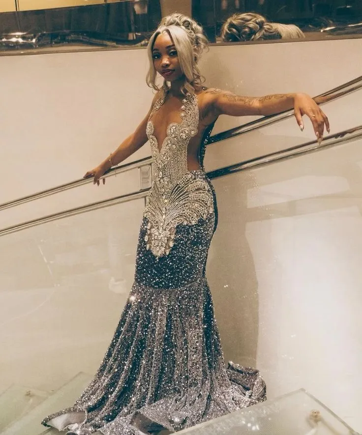 Silver Grey Diamond Mermaid Long Prom Dresses for Women Sparkly Crystal Velvet Evening Pageant Gown      fg5312