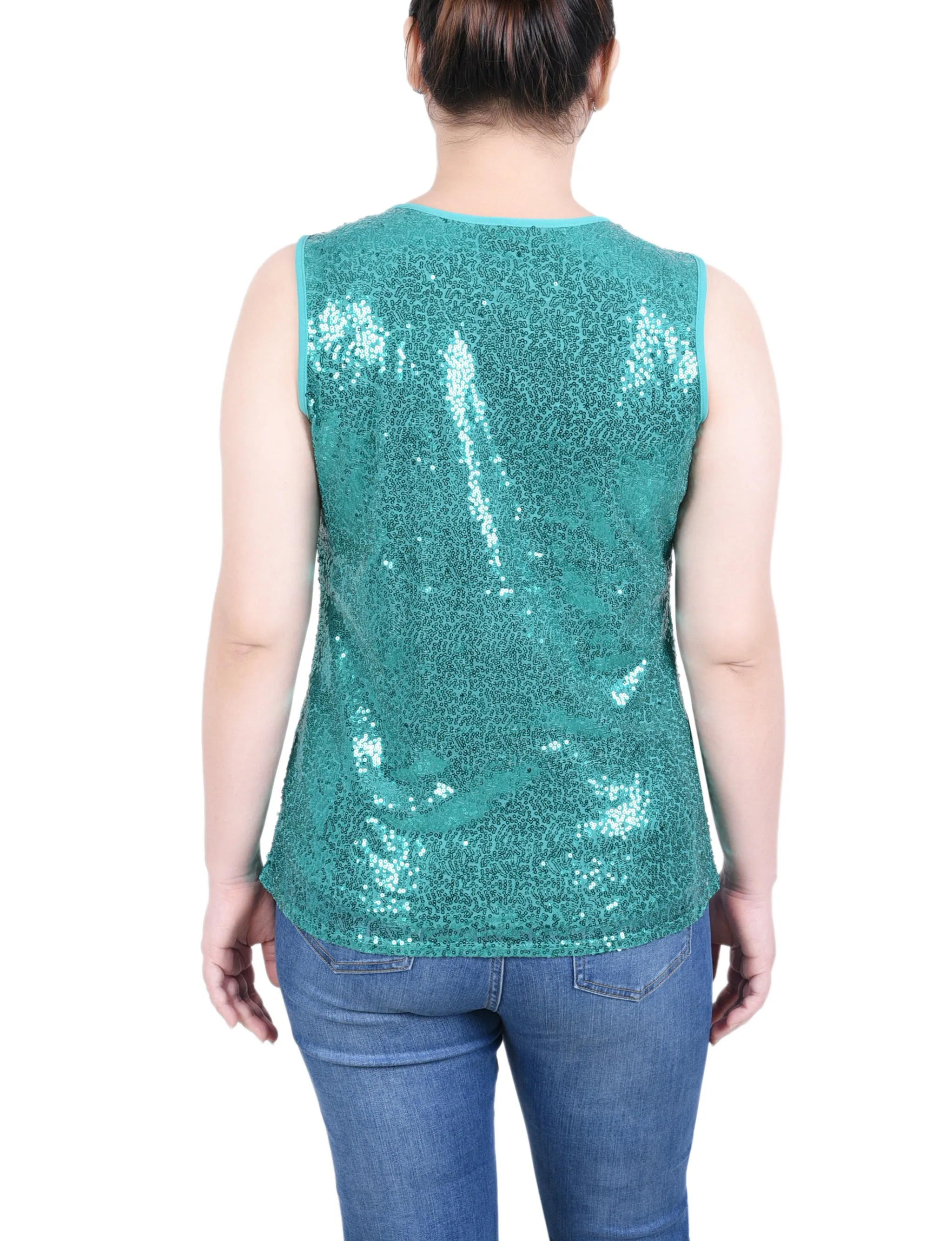 Sleeveless Sequined Tank Top With Combo Banding