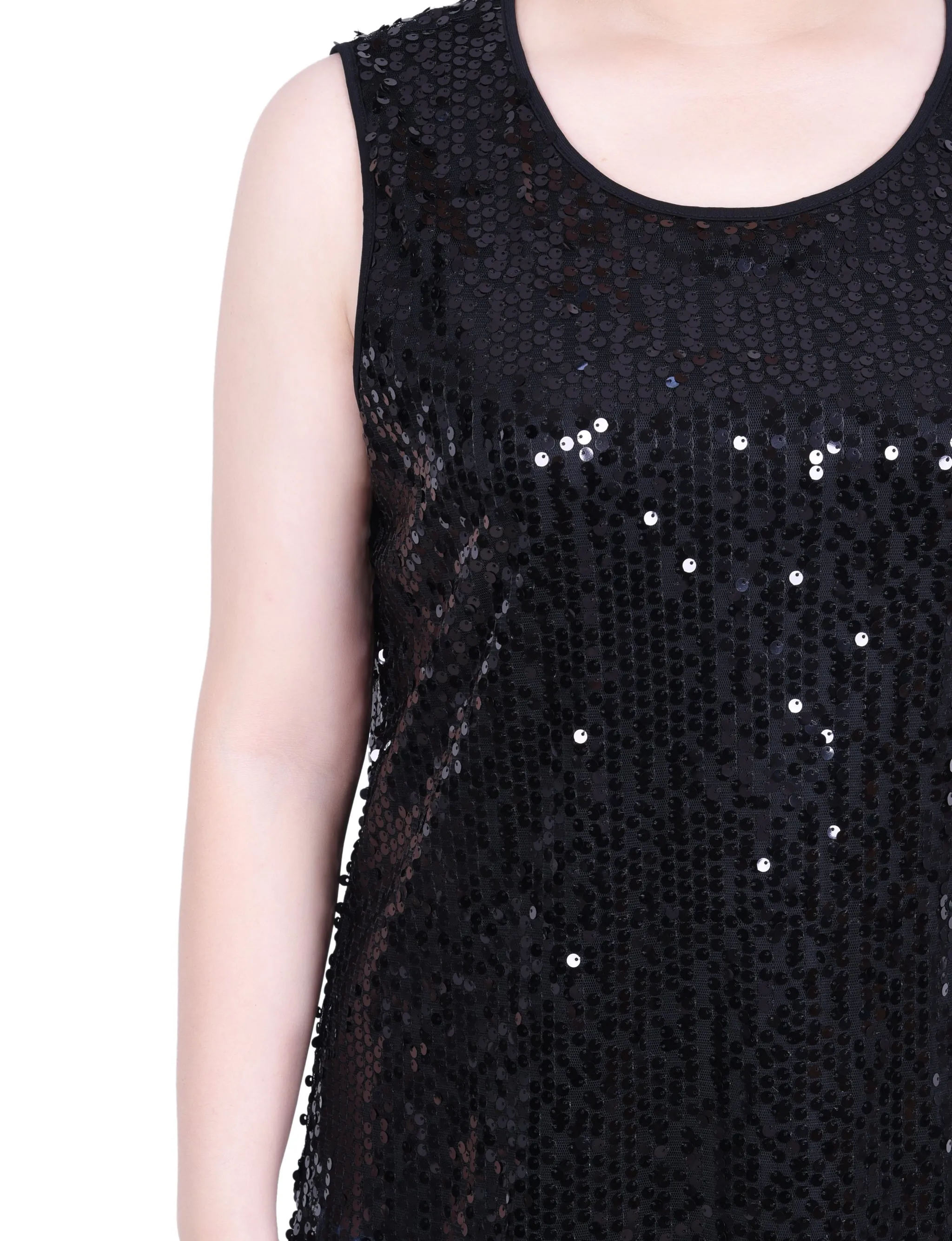 Sleeveless Sequined Tank Top With Combo Banding