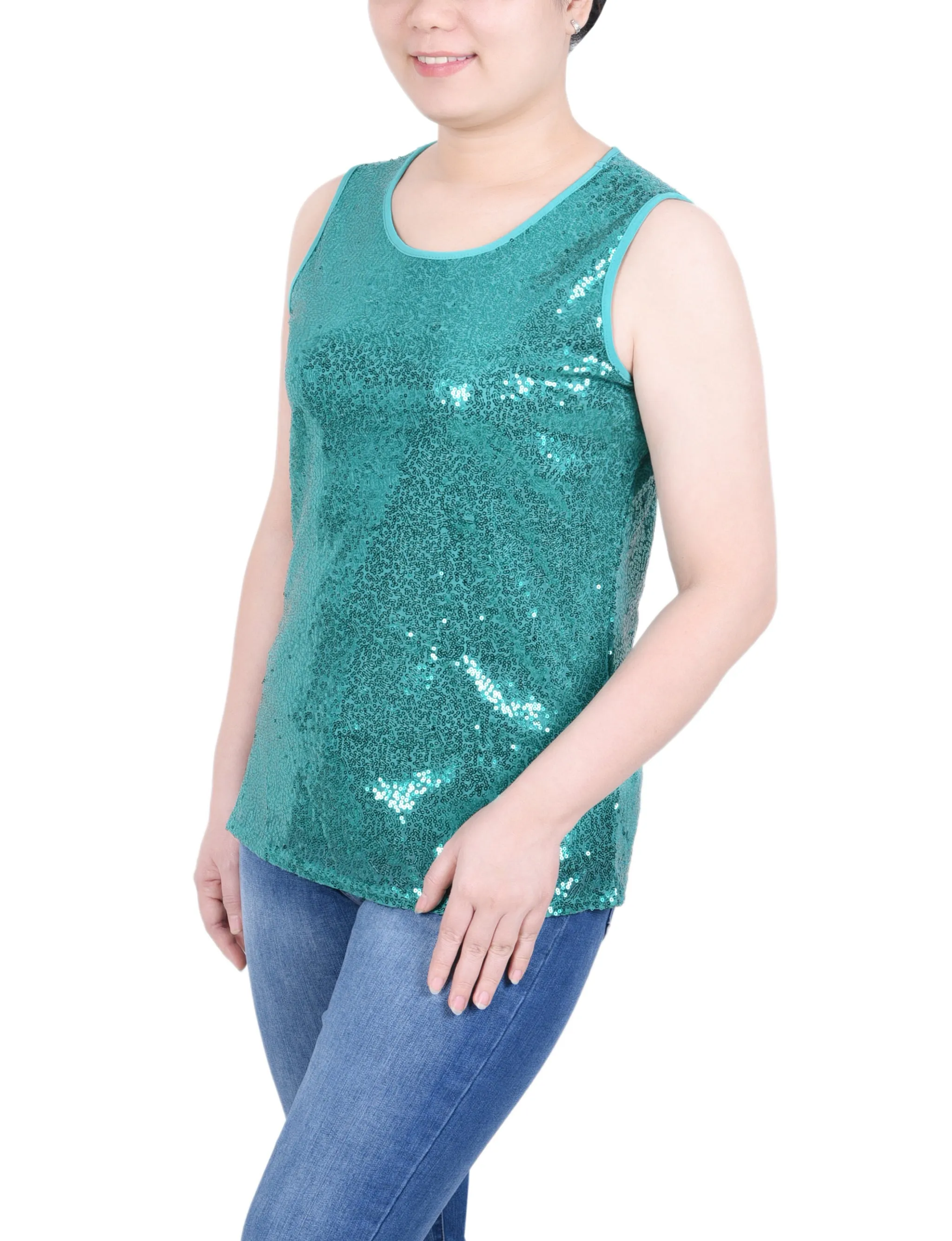 Sleeveless Sequined Tank Top With Combo Banding