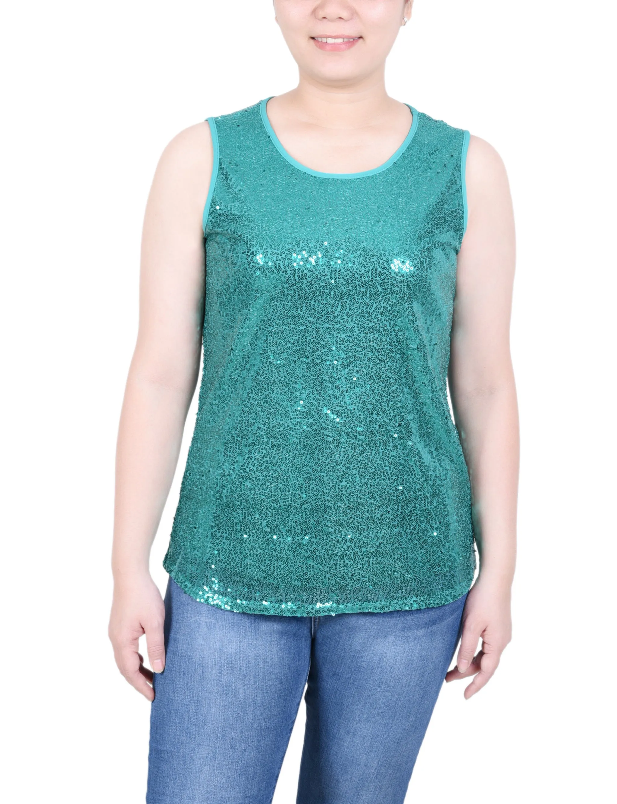 Sleeveless Sequined Tank Top With Combo Banding