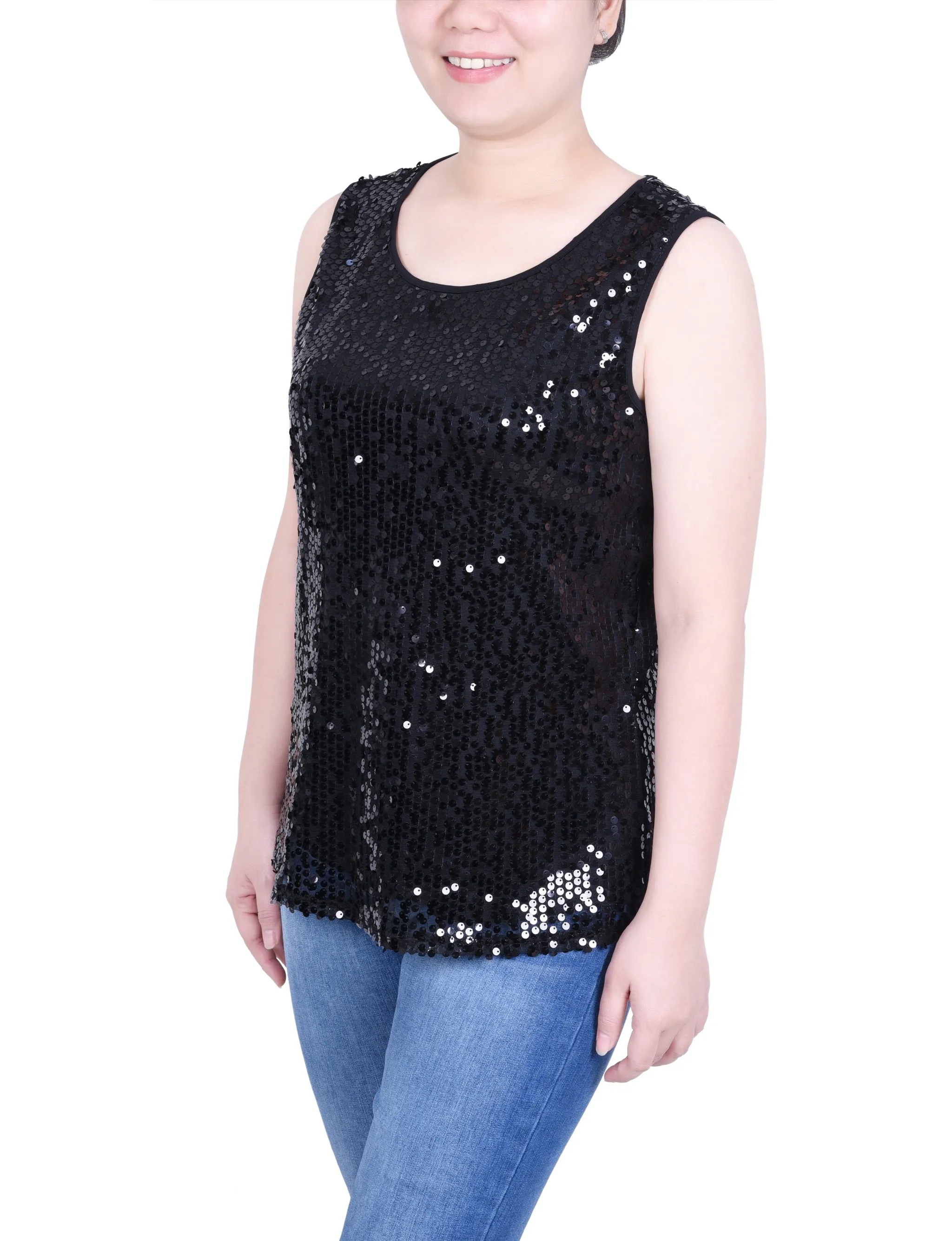 Sleeveless Sequined Tank Top With Combo Banding