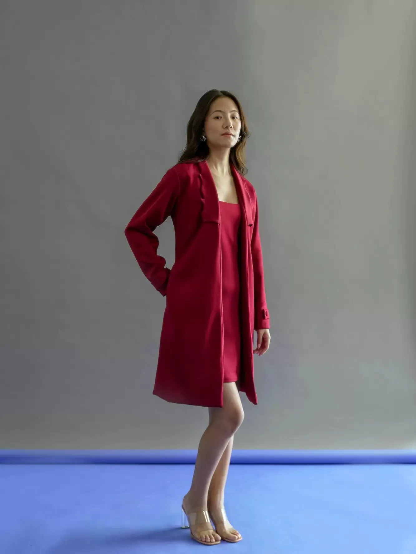 Solid Casual Notched Lapel Coat Red set