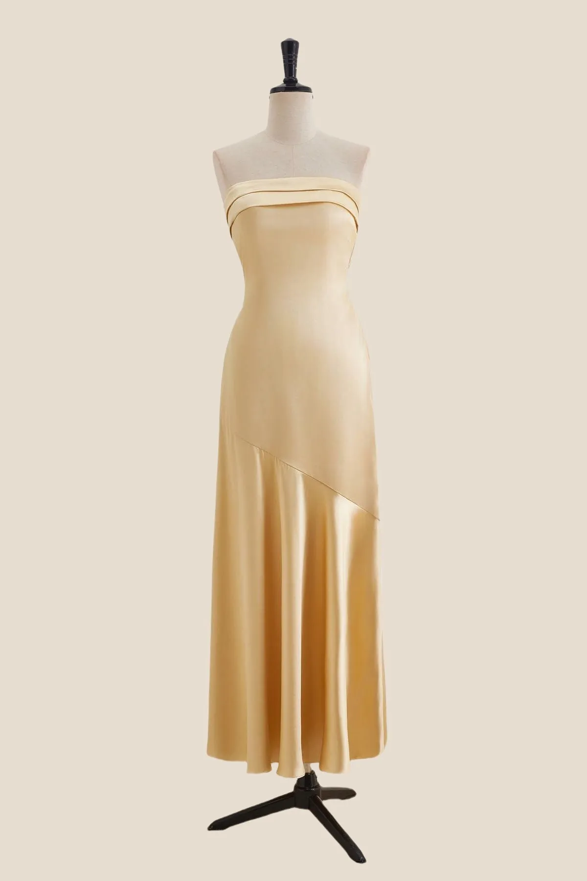 Strapless Golden Sheath Long Dress with Back Bow